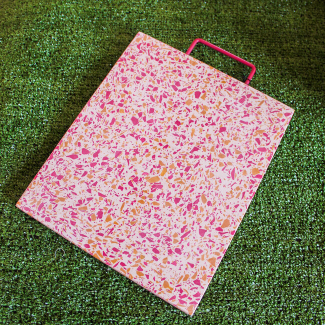 Resin Terrazzo Cutting Board with Pink Enameled Metal Handle