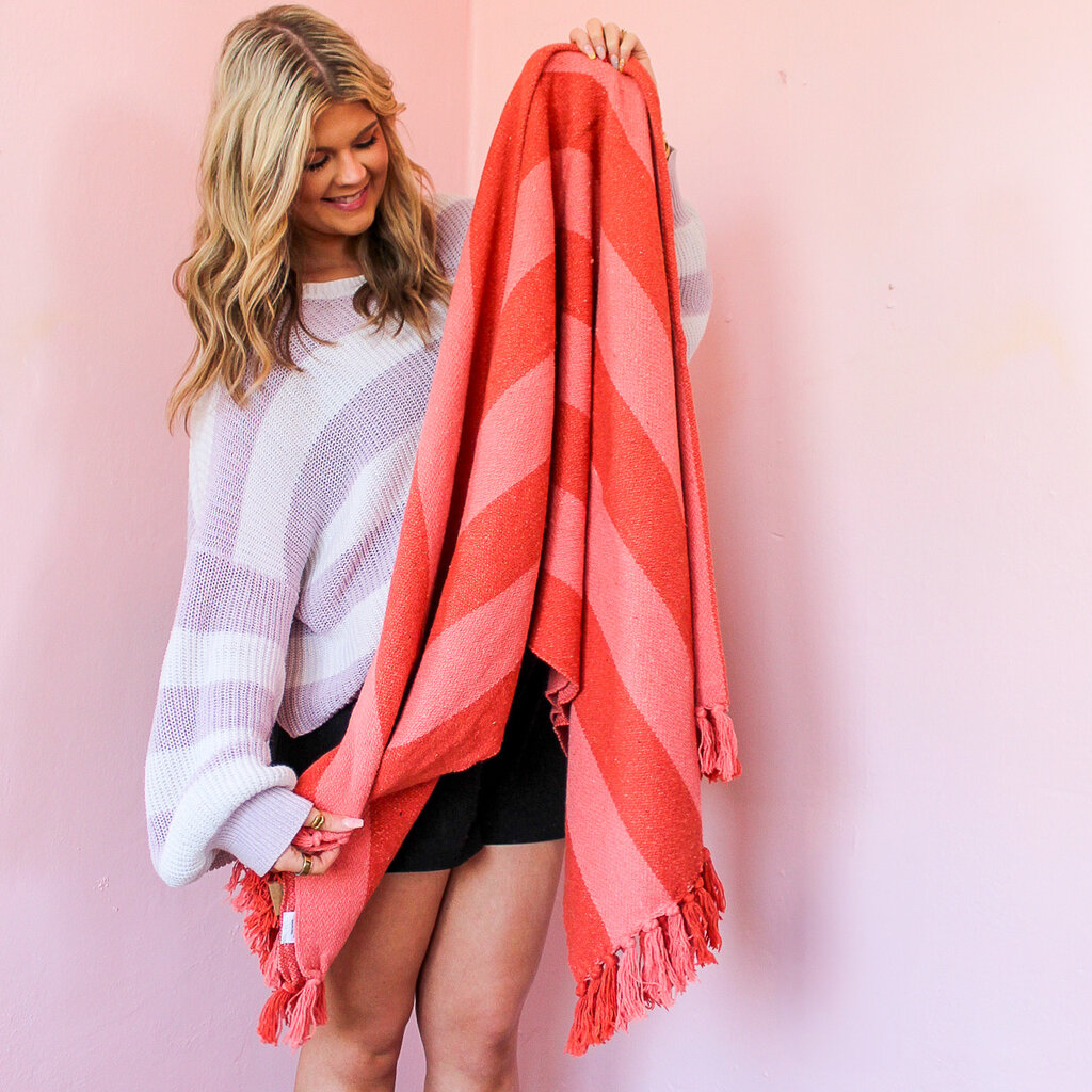 Creative Coop Red & Pink Striped Cotton Throw
