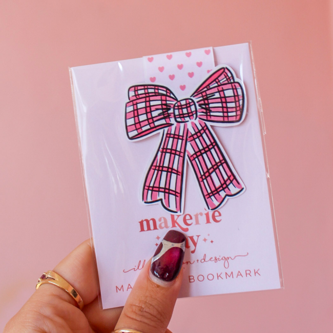 Pink Plaid Bow Magnetic Bookmark