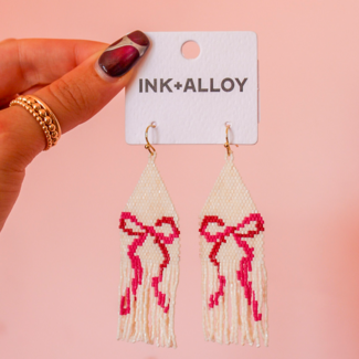 Delilah Pink Bow Beaded Fringe Earrings, Ivory