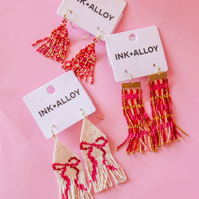 Delilah Pink Bow Beaded Fringe Earrings, Ivory