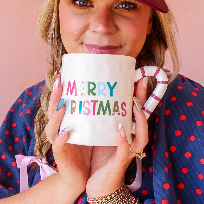Merry Christmas Mug with Candy Cane Handle