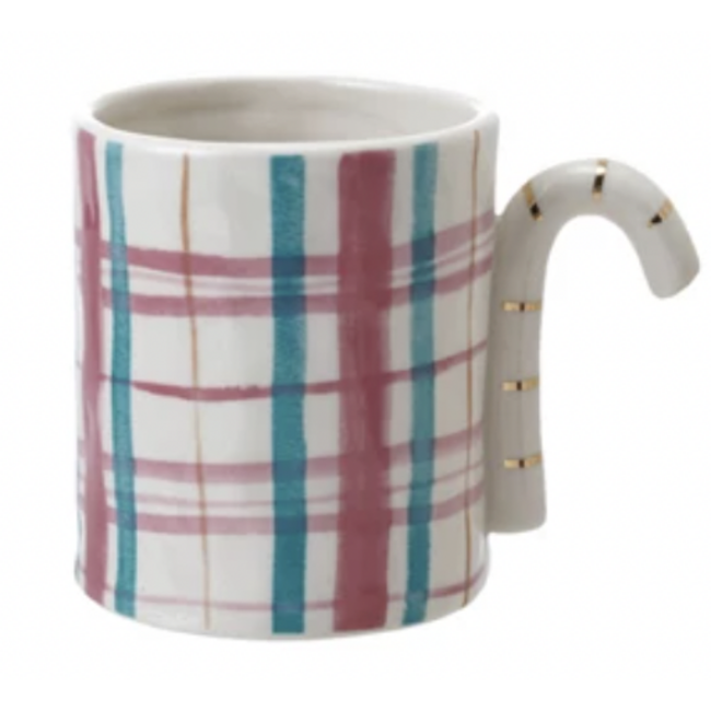 Wide Plaid Mug with Candy Cane Handle