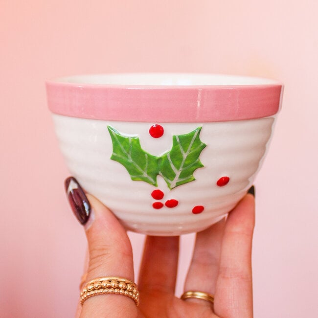 Pink Holly Stoneware Bowl with Botanicals