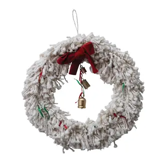 Handmade Cotton Blend Yarn Wreath with Red Bow, Ribbons & Metal Bells