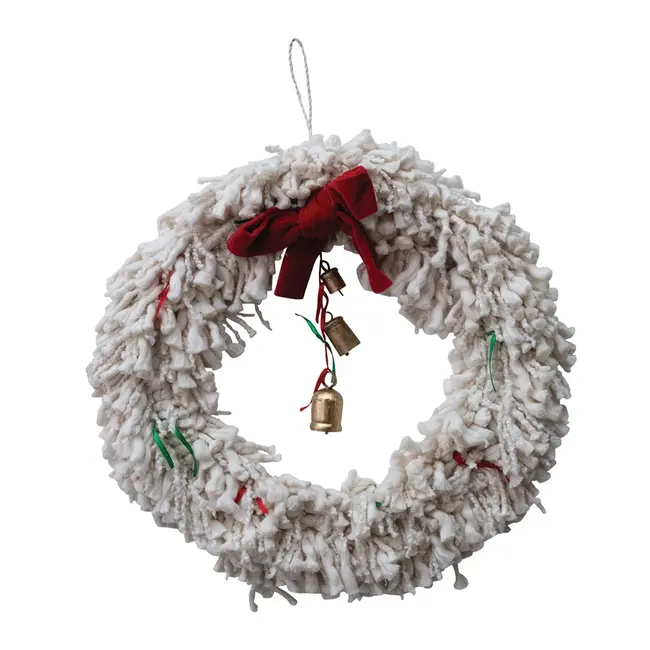Handmade Cotton Blend Yarn Wreath with Red Bow, Ribbons & Metal Bells