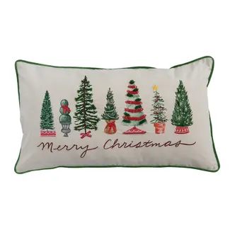 Merry Christmas Lumbar Pillow with Embroidery and Trees