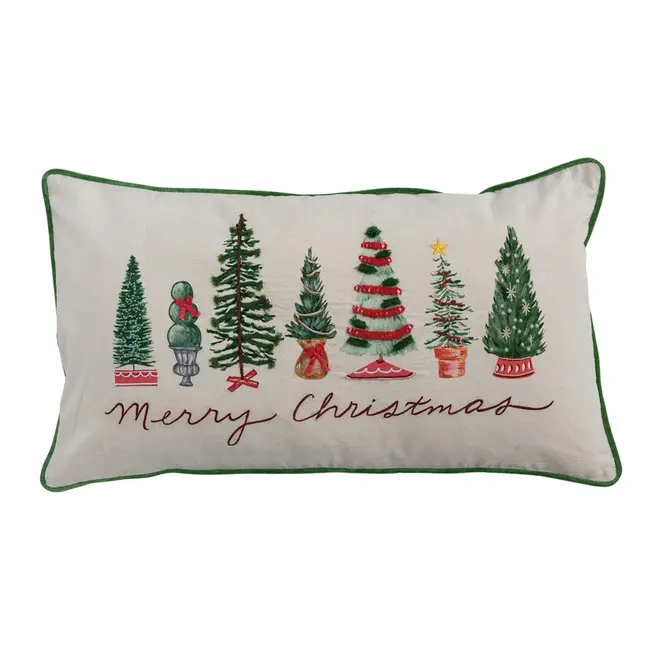 Merry Christmas Lumbar Pillow with Embroidery and Trees