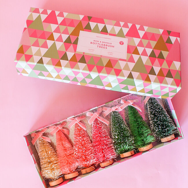 Set of 7 Bottlebrush Trees with Bow in Gift Box Includes 5 Colors