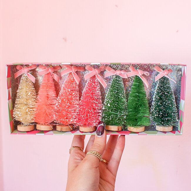 Set of 7 Bottlebrush Trees with Bow in Gift Box Includes 5 Colors