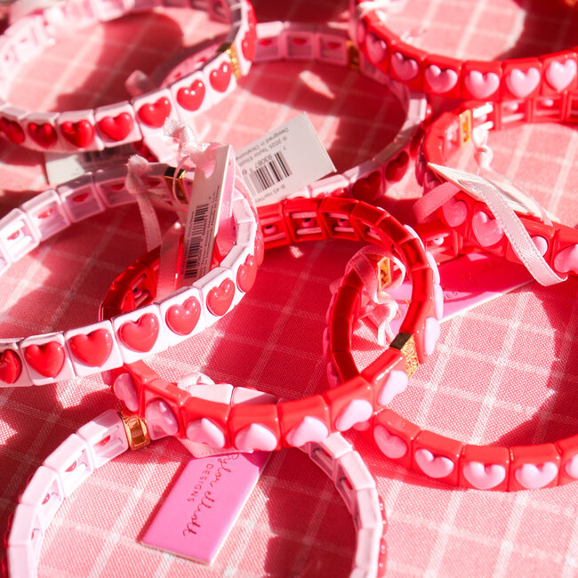 Red Enamel Bracelet with Pink Bead Hearts