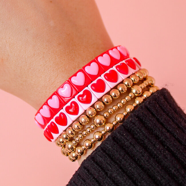 Pink Enamel Bracelet with Red Bead Hearts