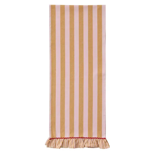 Woven Cotton Striped Table Runner w/ Ruffle & Ric Rac Trim