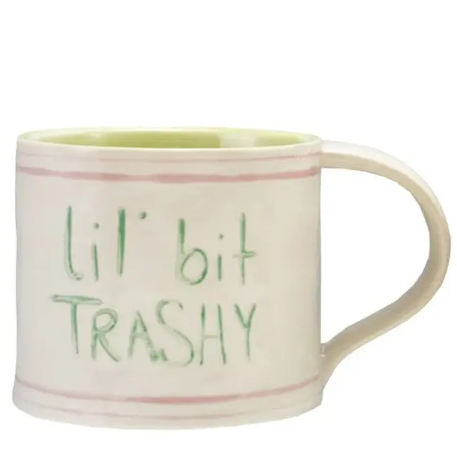 Hand-Painted Stoneware Mug with Phrase lil bit trashy