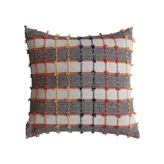 18" Square Woven Cotton Blend Pillow w/ Knots, Multi Color Plaid