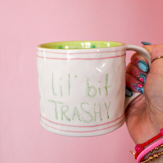 Hand-Painted Stoneware Mug with Phrase lil bit trashy