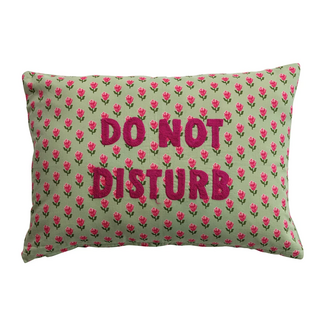 "Do Not Disturb" Cotton Voile Lumbar Pillow with Floral Pattern & Embroidery