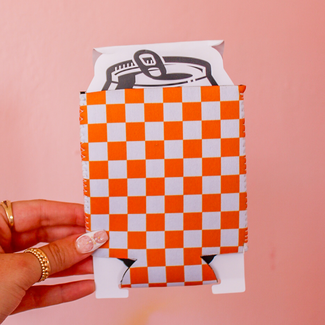 Barrel Down South Orange White Checkered Can Cooler