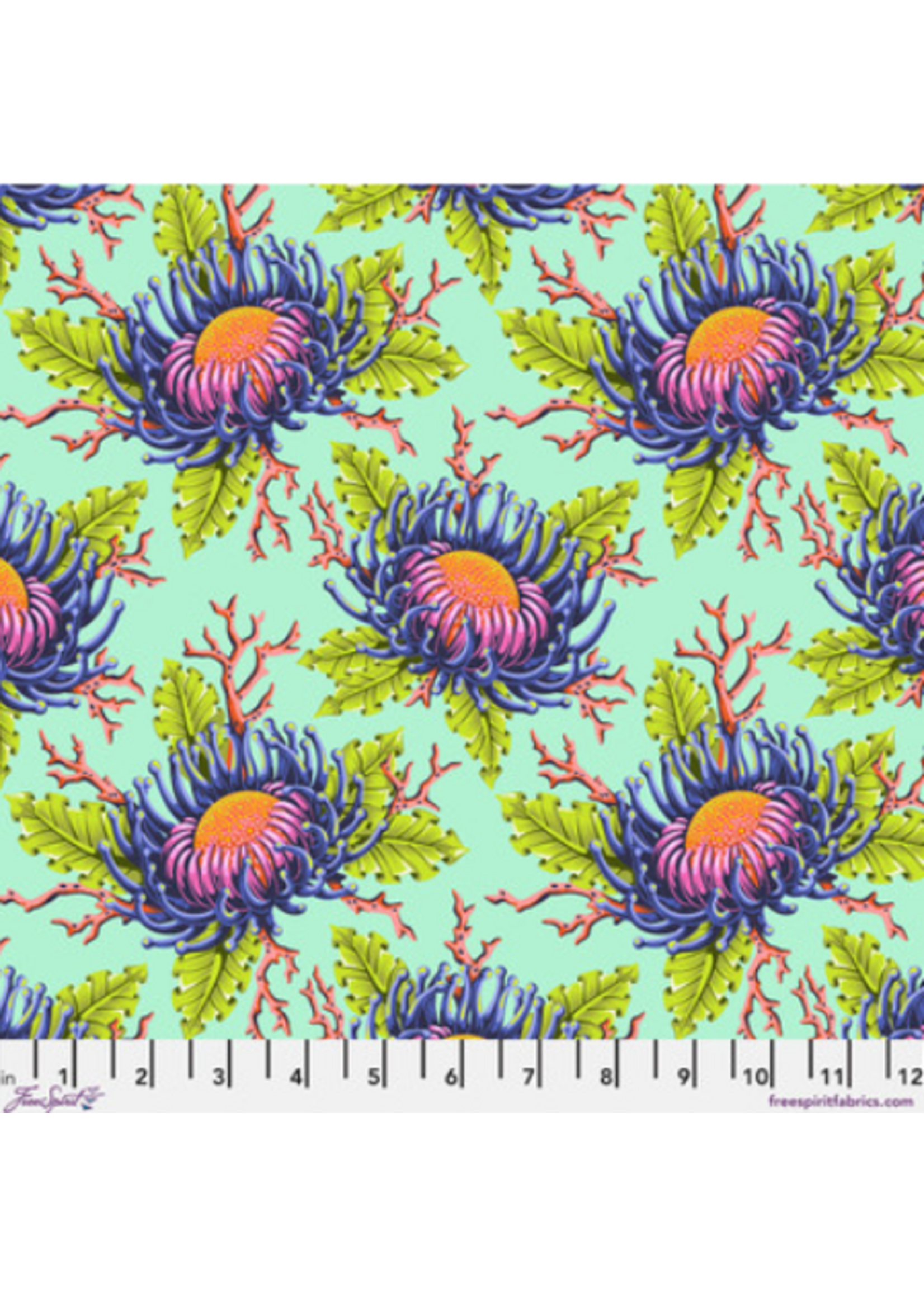 FreeSpirit Fabrics Floral Reef- Tula Pink- Friends & Anemones - Seafoam- Per 10cm/4"