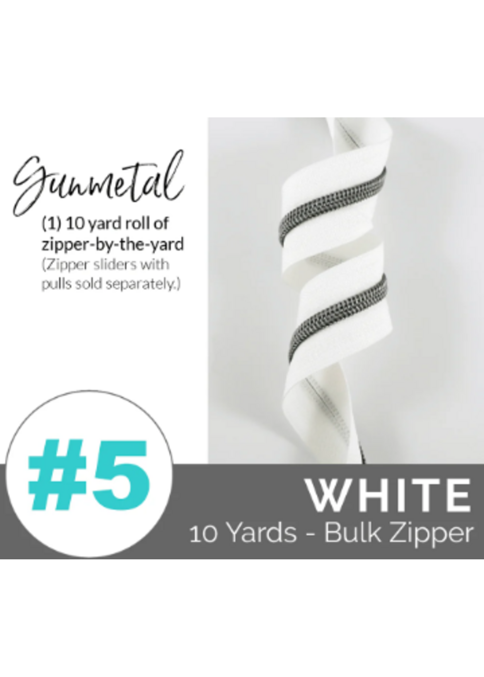 Emmaline Bags Emmaline Bags - Zipper by the Yard Coil - 9.15m/10 yrds - White - Gunmetal