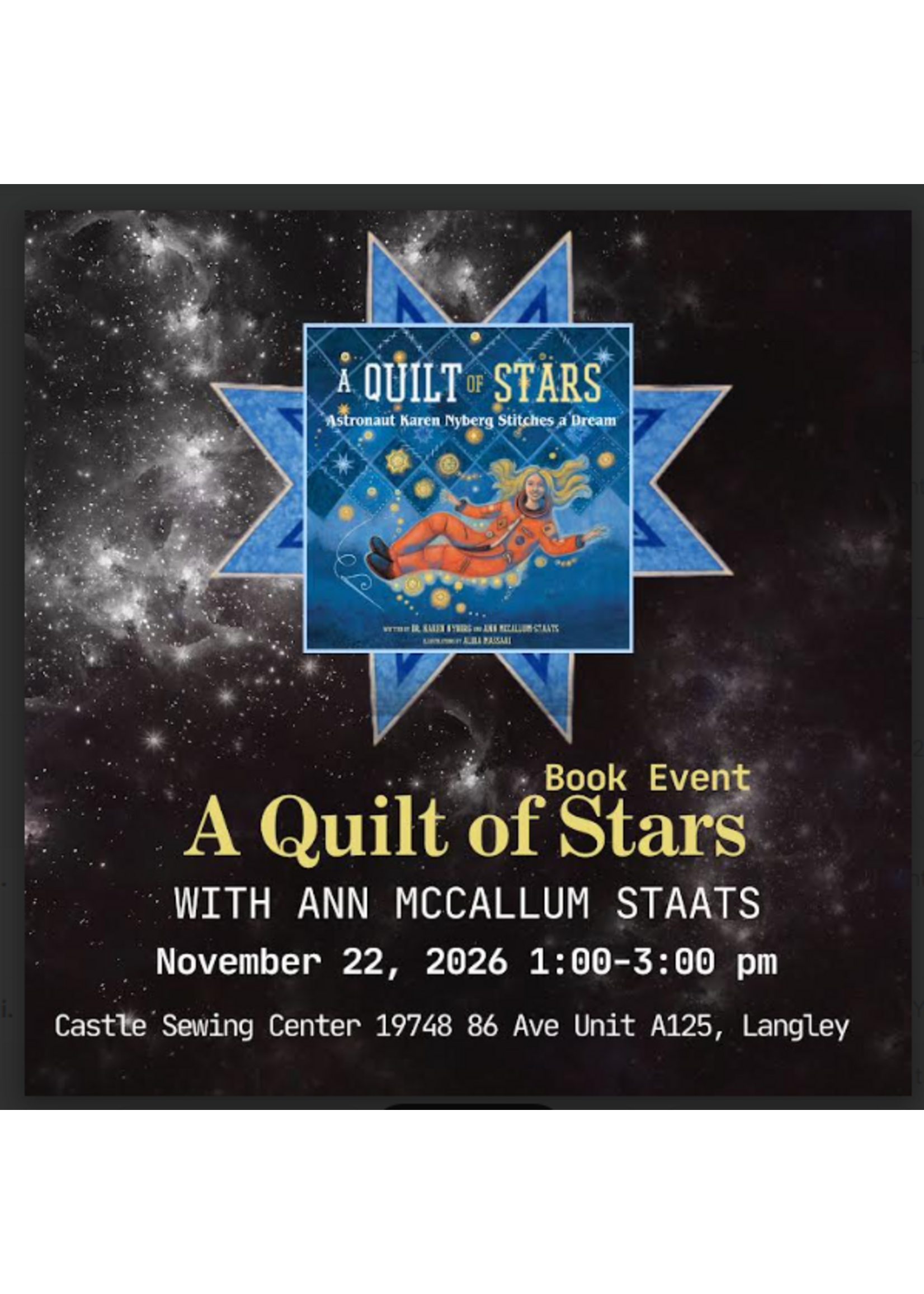 A Quilt of Stars Book Event with The Co. Author ANN MCCALLUM STAATS Nov. 22 1:00- 3:00