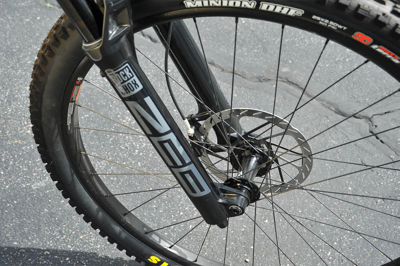 Image of the front suspension on an Orange Switch 7 mountain bike