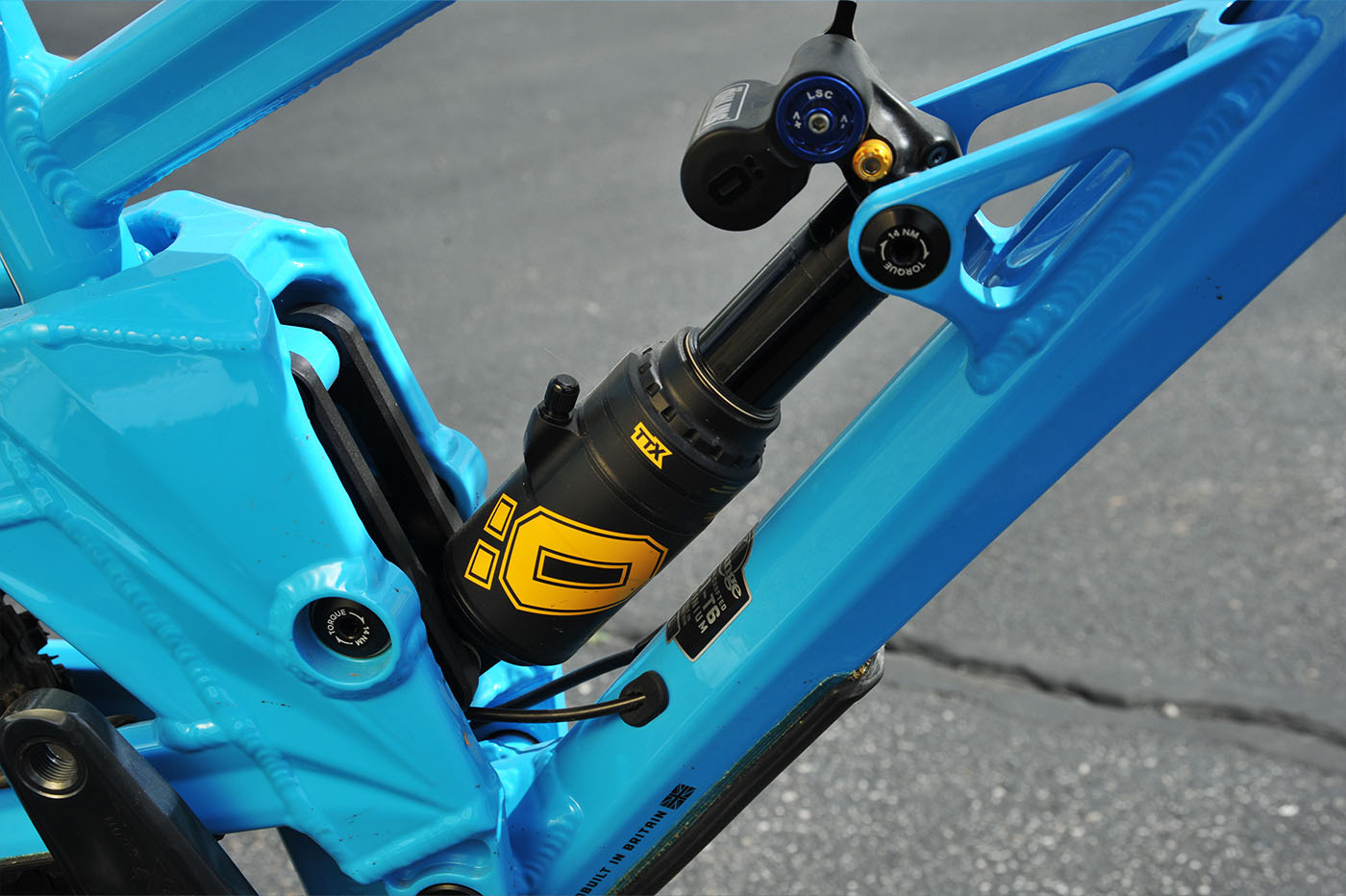 Image of a rear shock on an Orange Switch 7 mountain bike