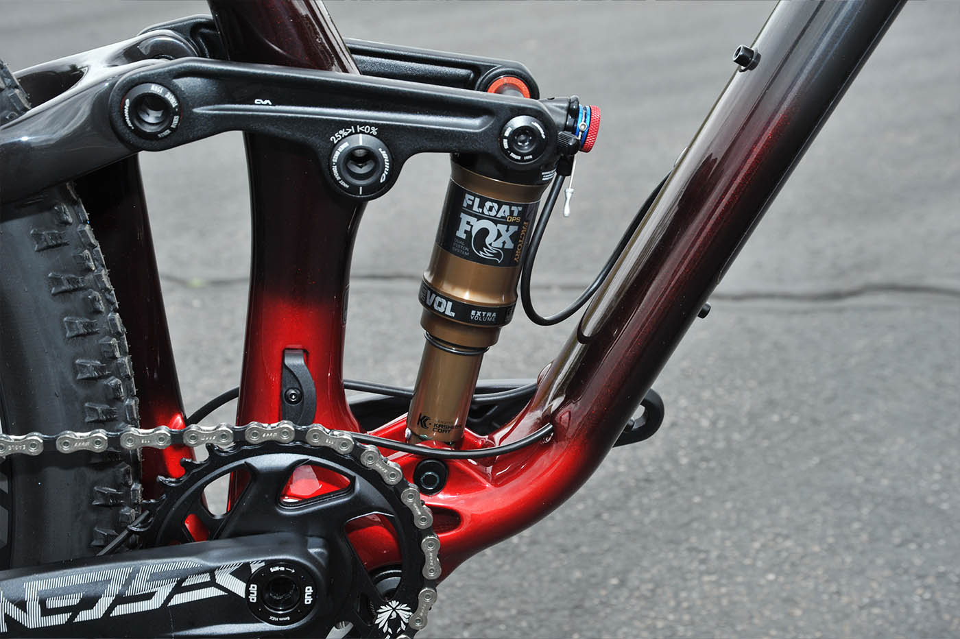 Image of a rear shock on a Niner Rocket mountain bike