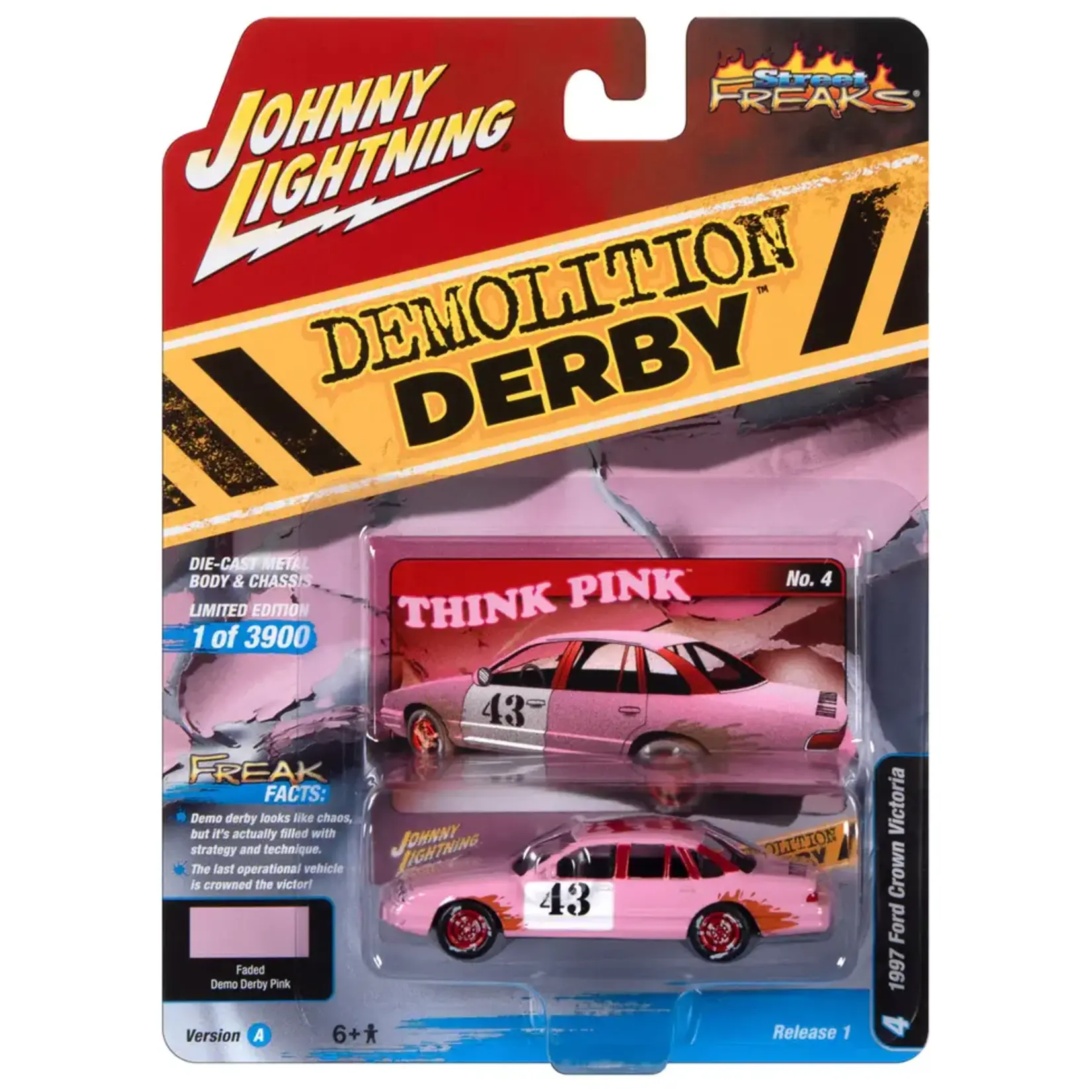 Johnny Lightning JLSP296A Johnny Lightning 1997 Ford Crown Victoria (Demolition Derby) Cotton Candy Pink w/Derby Graphics