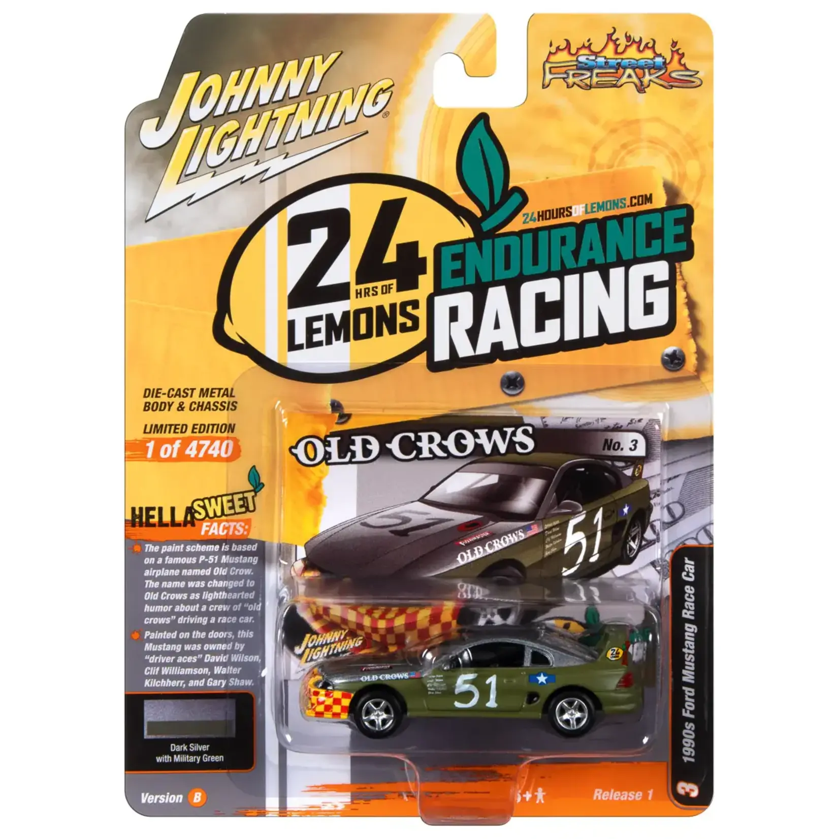 Johnny Lightning JLSP295B Johnny Lightning 1990s Ford Mustang Race Car (24hrs of LeMons) Dark Silver/Army Green, Old Crows Graphics