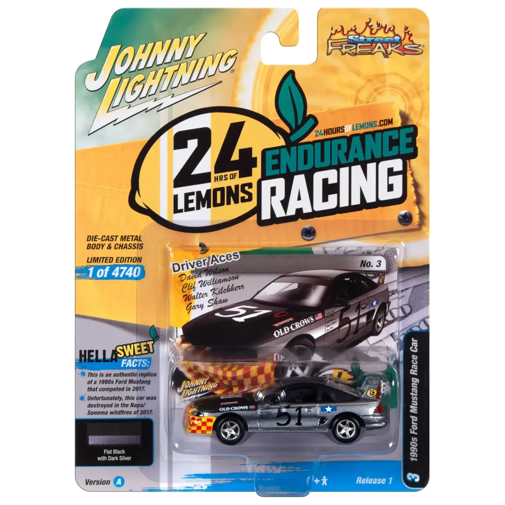 Johnny Lightning JLSP295A Johnny Lightning 1990s Ford Mustang Race Car(24hrs of LeMons) Flat Black/Dark Silver, Old Crows Graphics