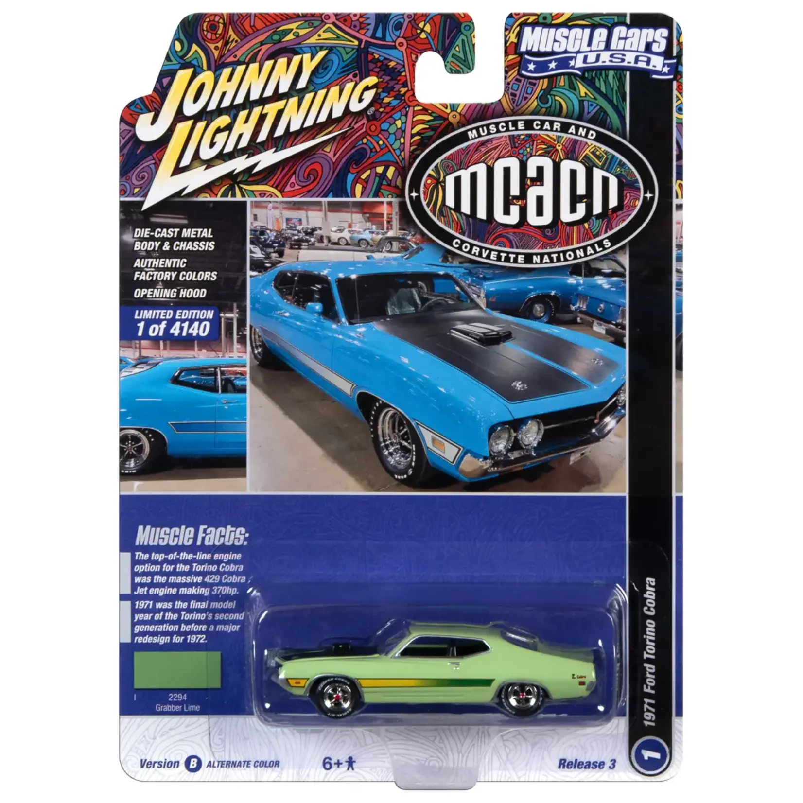 Johnny Lightning JLSP287B Johnny Lightning 1971 Ford Torino Cobra (MCACN) Grabber Lime w/Laser Side Stripe  & Black Hood Treatment