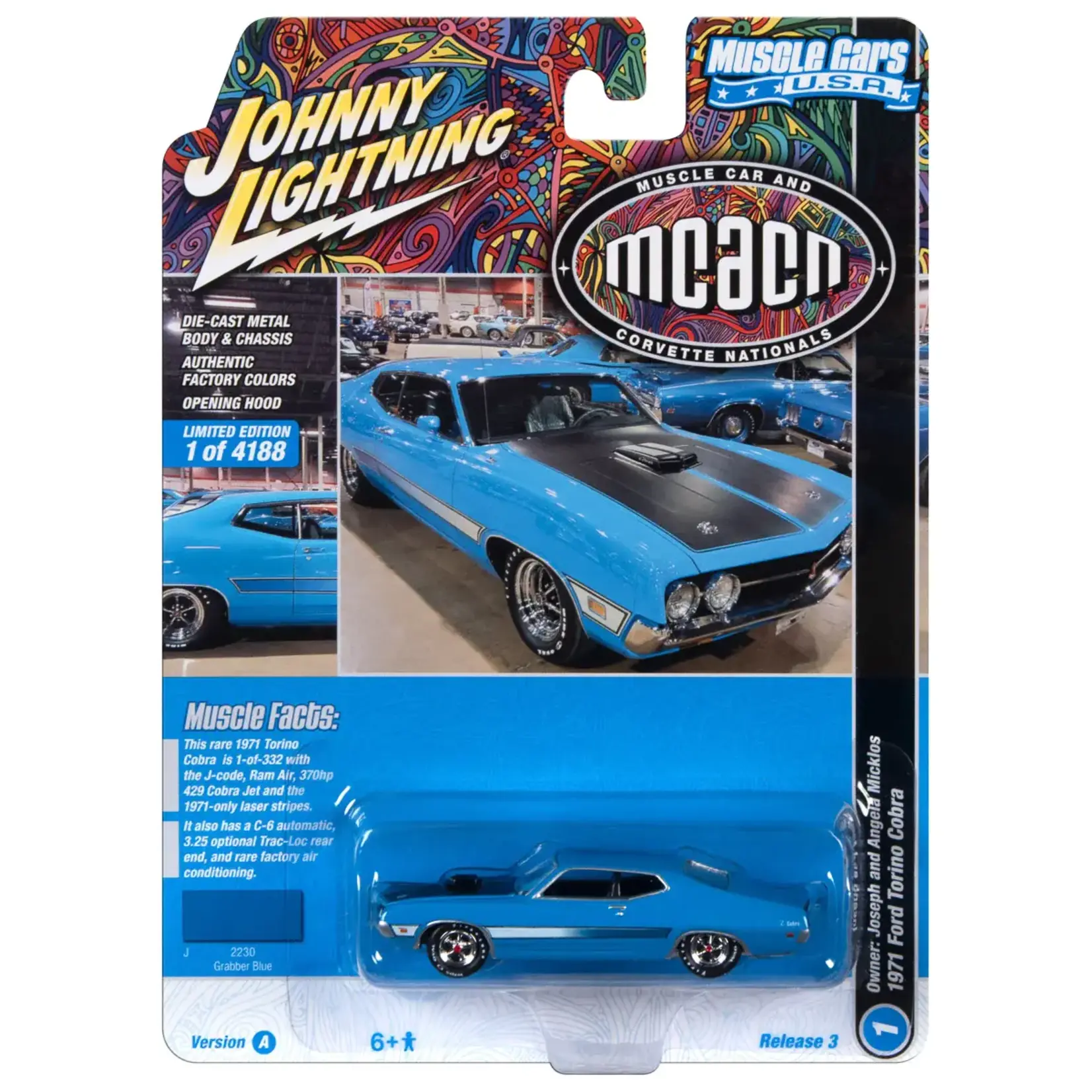 Johnny Lightning JLSP287A Johnny Lightning 1971 Ford Torino Cobra (MCACN) Grabber Blue w/Laser Side Stripe  & Black Hood Treatment