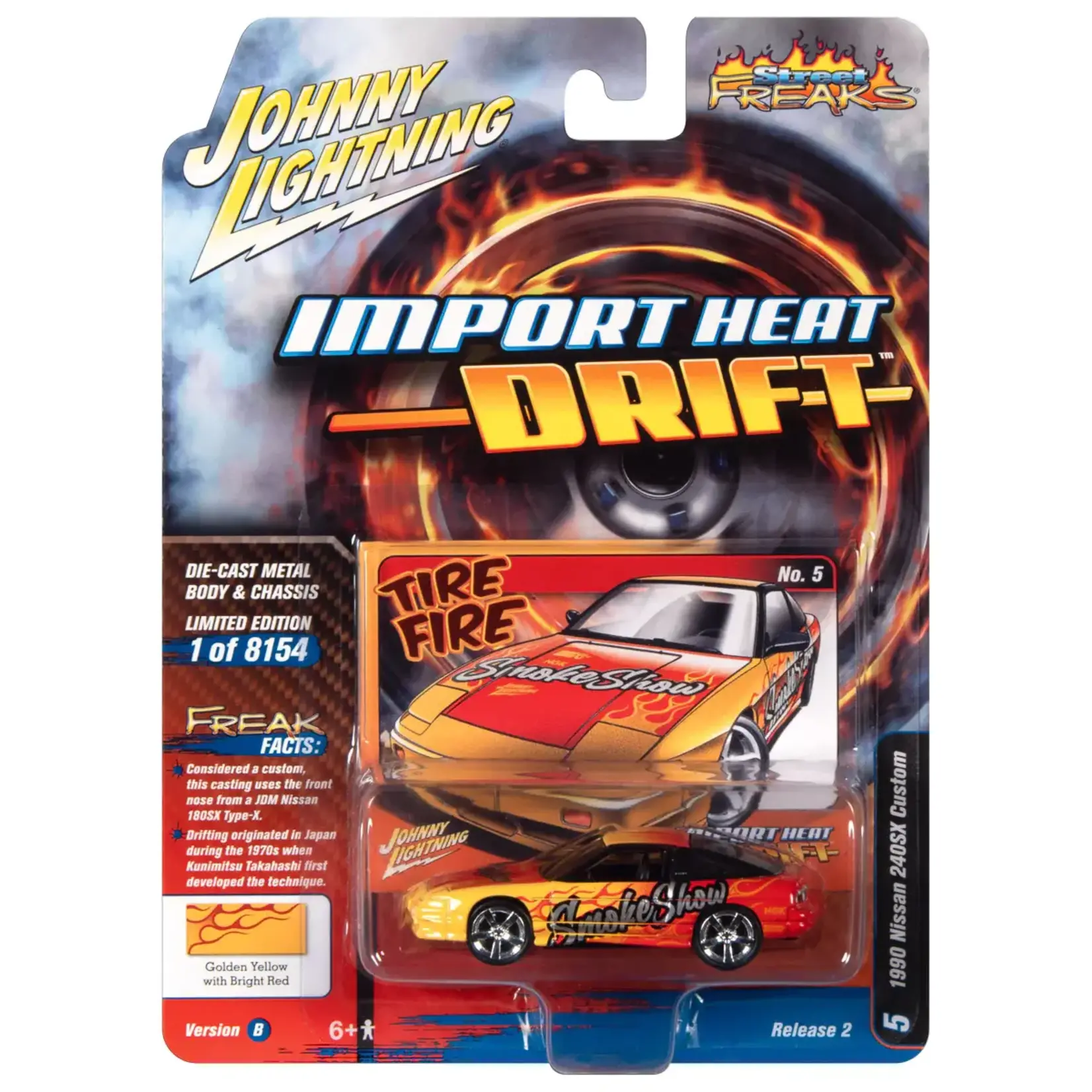 Johnny Lightning JLSP254B Johnny Lightning 1990 Nissan 240SX(Import Heat/Drift) Red & Yellow Smoke Show Graphics
