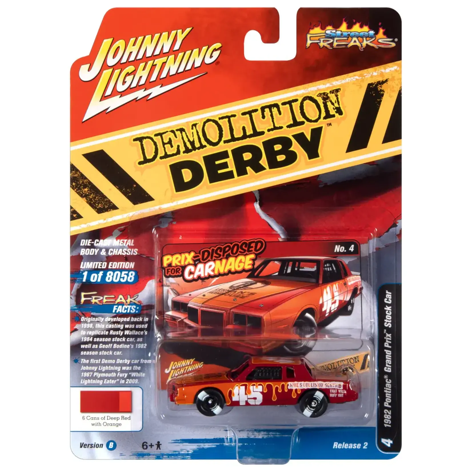 Johnny Lightning JLSP253B Johnny Lightning 1982 Pontiac Grand Prix Stock Car(Demolition Derby) Red w/Orange Graphics