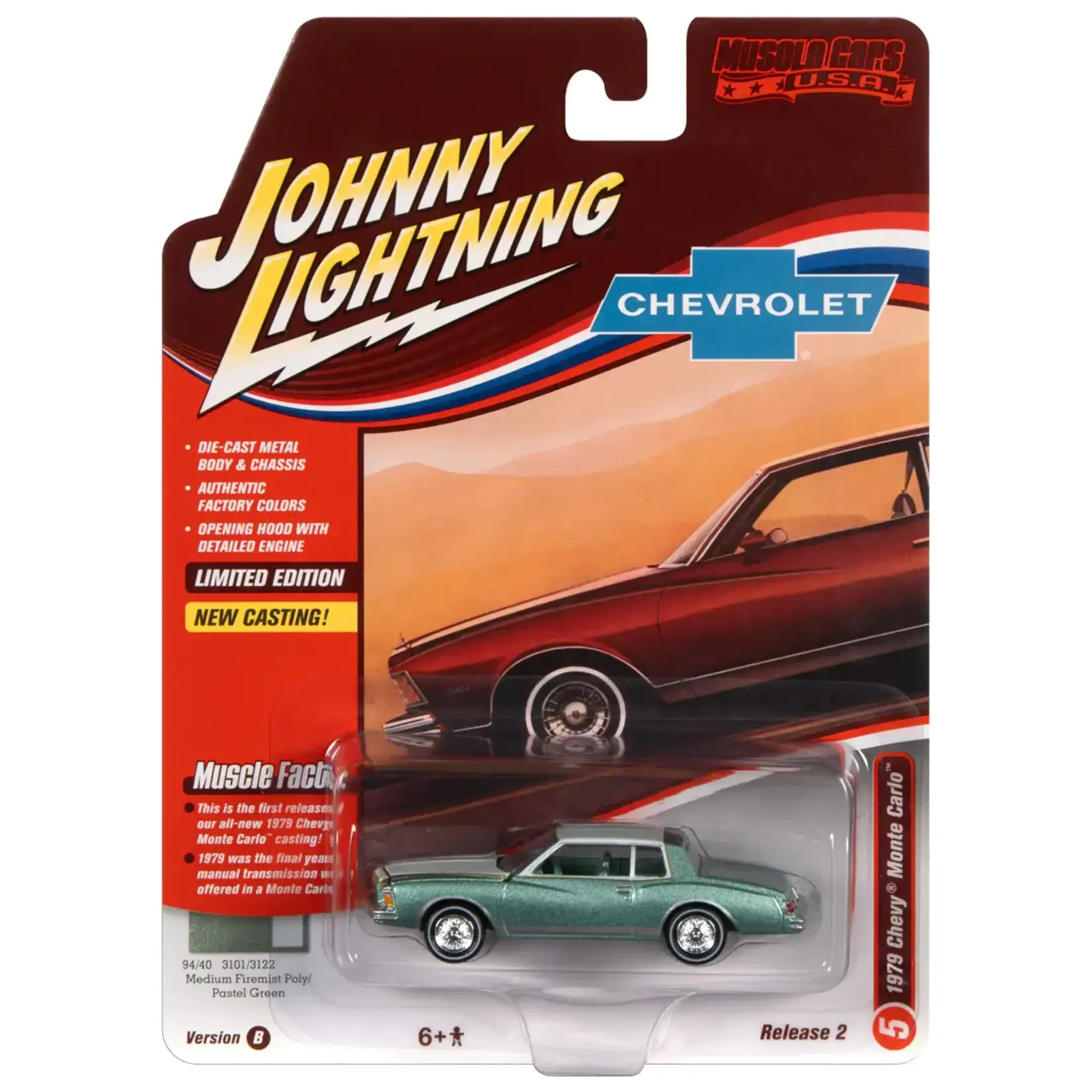 Johnny Lightning JLSP249B Johnny Lightning 1979 Chevrolet Monte Carlo Medium Green Firemist Poly Body  w/Light Green UpperColor(2-Tone)