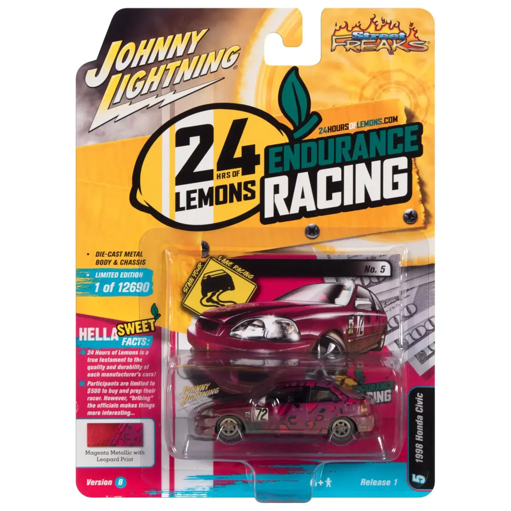 Johnny Lightning JLSP232B Johnny Lightning 1998 Honda Civic (24 Hrs of Lemons) Magenta Metallic w/Fuchsia Leopard Print