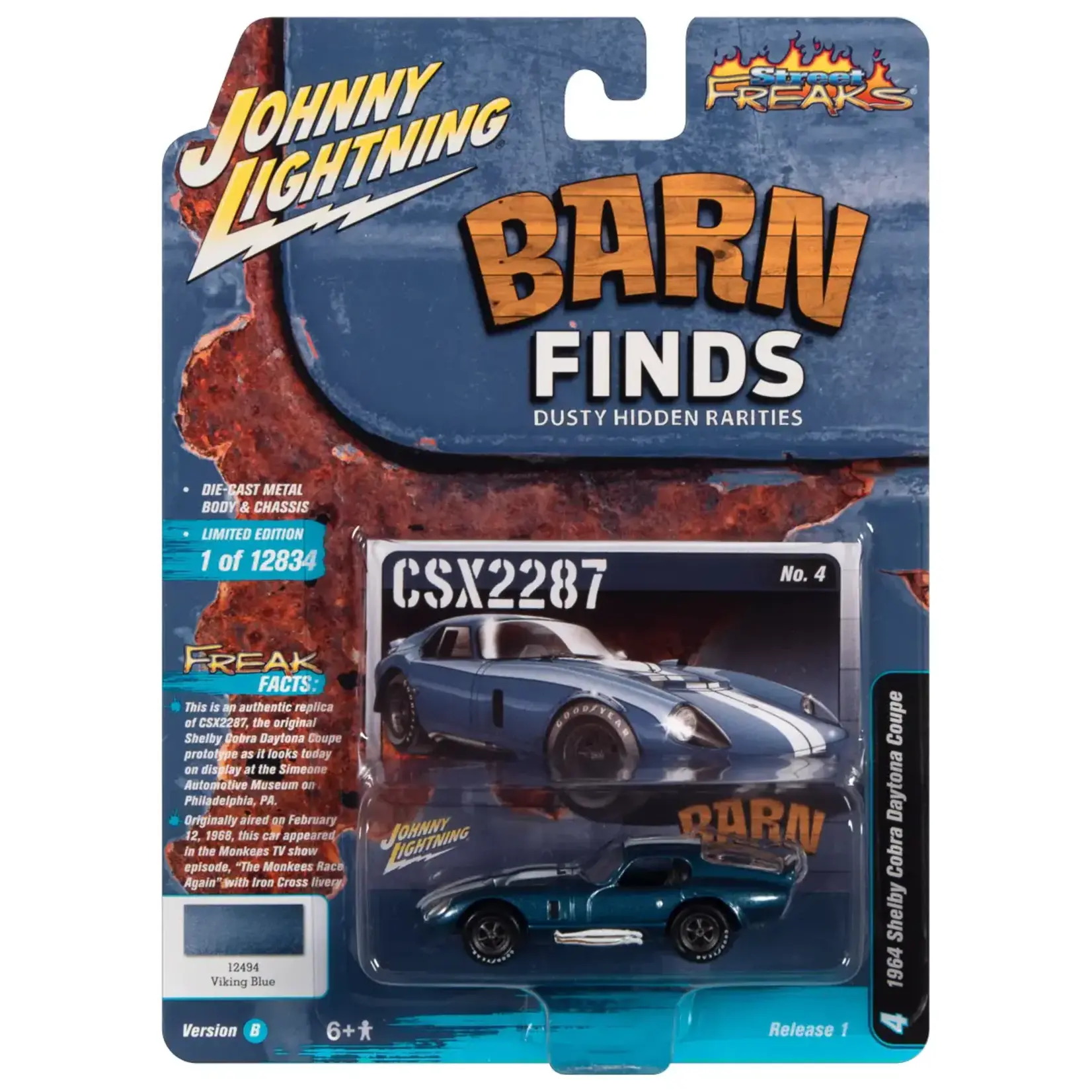 Johnny Lightning JLSP231B Johnny Lightning 1964 Shelby Cobra Daytona (Barn Finds) Viking Blue Metallic w/White Stripes