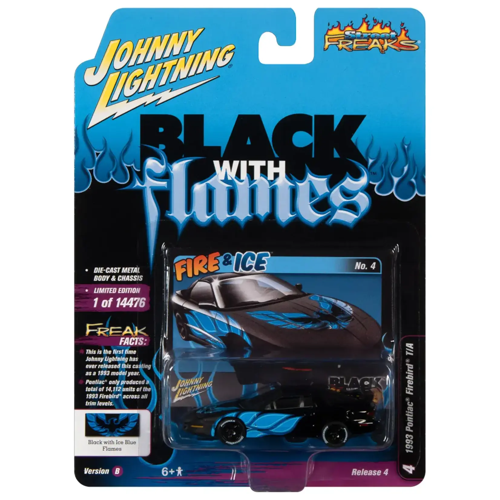 Johnny Lightning JLSP210B Johnny Lightning 1993 Pontiac Firebird T/A (Black with Flames Black w/Blue Firebird Flames