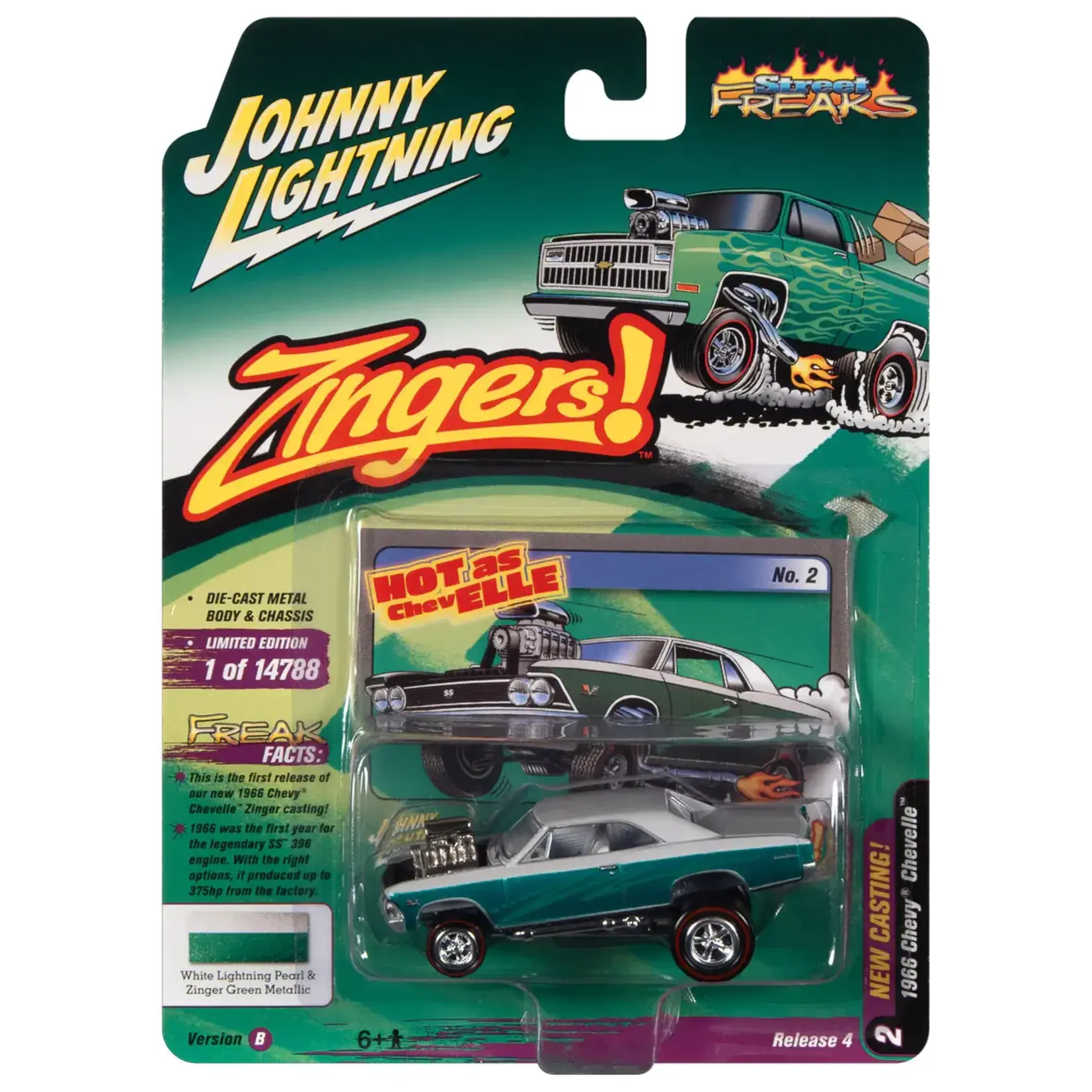 Johnny Lightning JLSP208B Johnny Lightning 1966 Chevrolet Chevelle (Zinger) Pearl White & Metallic Green