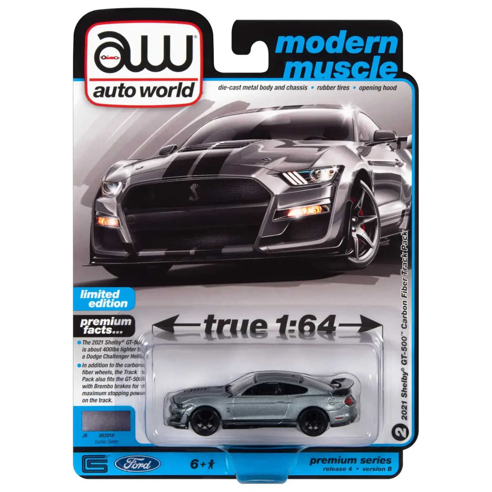Auto World AWSP114B Auto World 2021 Shelby GT500 Carbon Edition Iconic Silver with Twin Black Stipes on Lower Rockers
