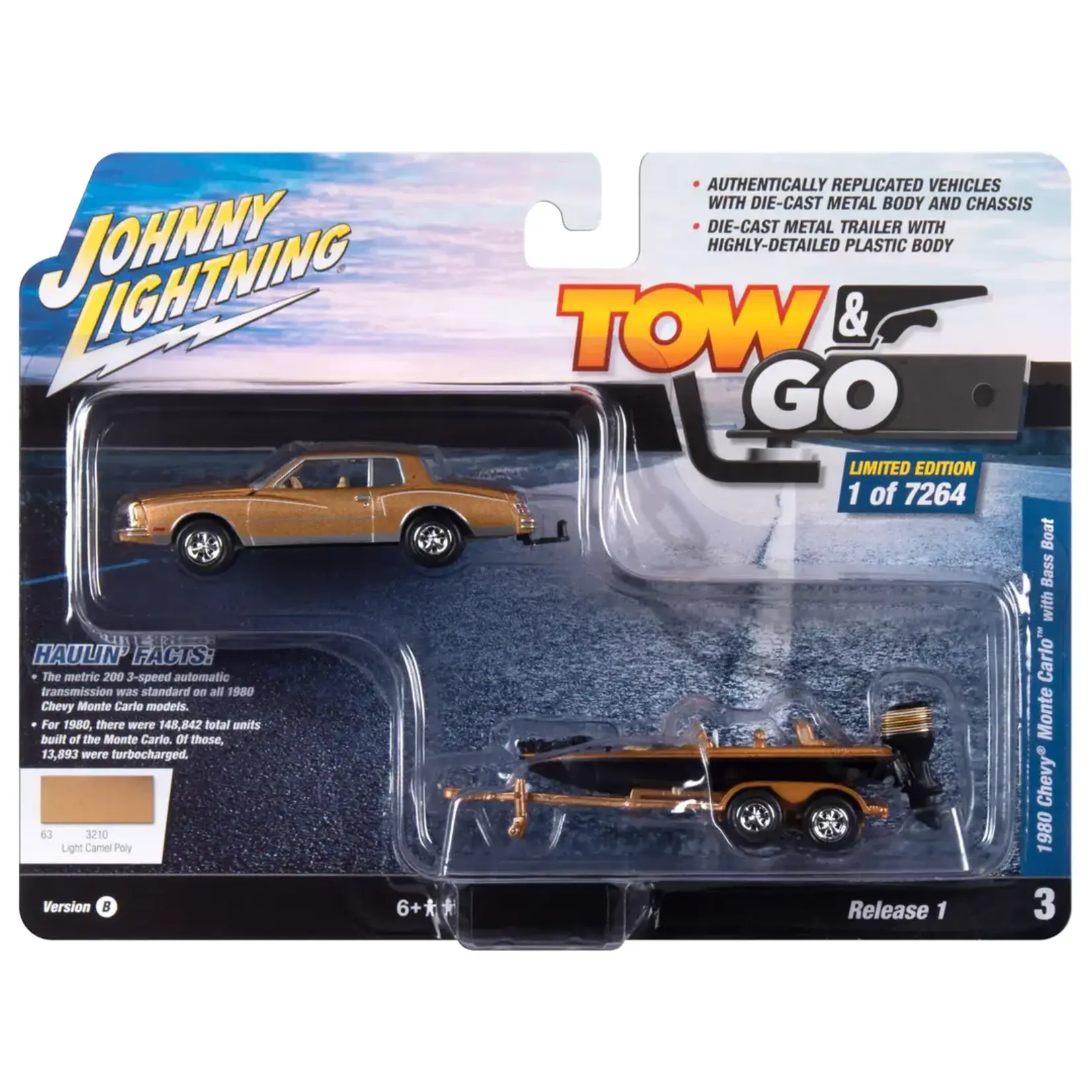 Johnny Lightning JLSP317B Johnny Lightning 1980 Chevrolet Monte Carlo w/Bass Boat Light Camel Poly