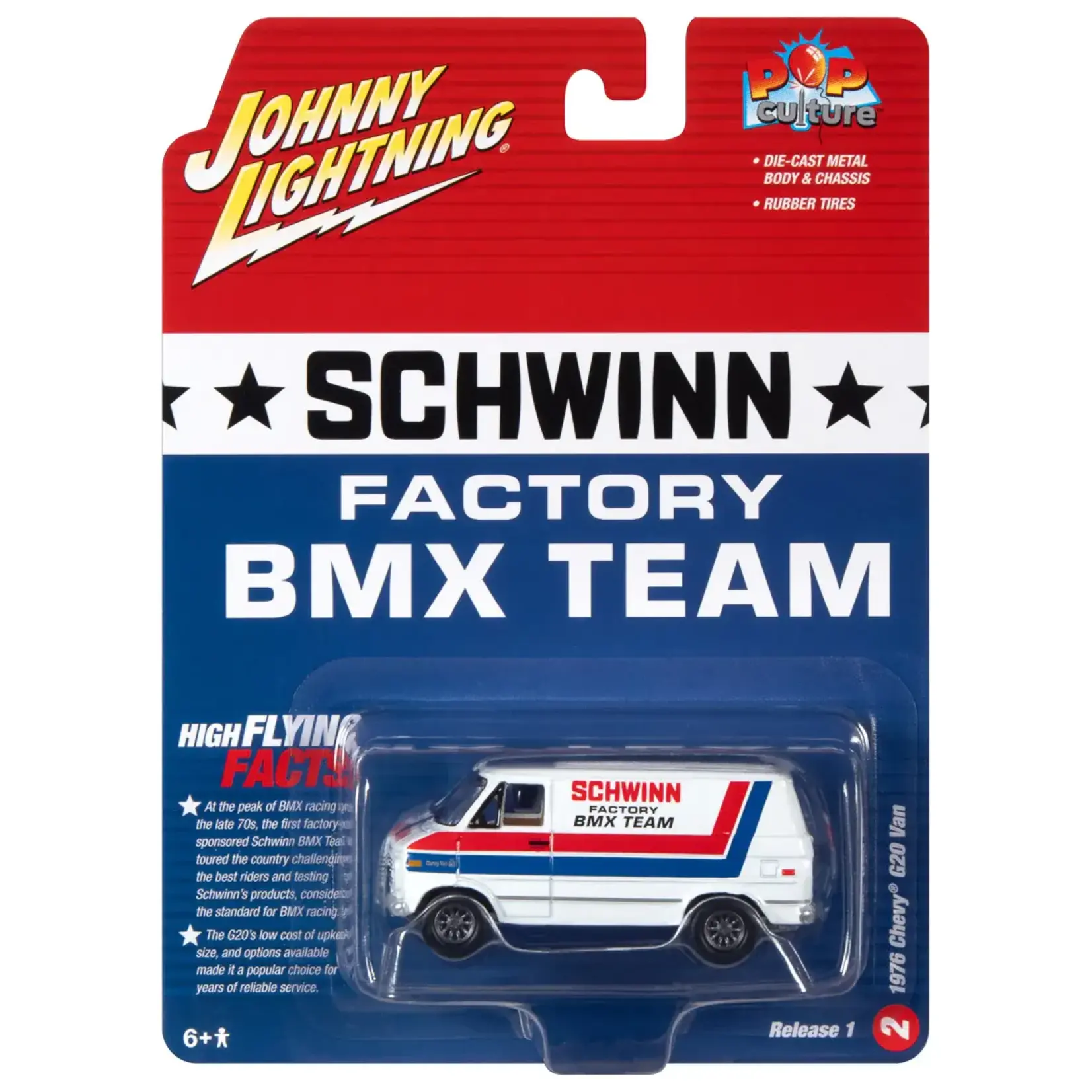 Johnny Lightning JLSP311 Johnny Lightning Schwinn 1976 Chevy Van G20 BMX/Freestyle Bikes White w/Red & Blue Stripes