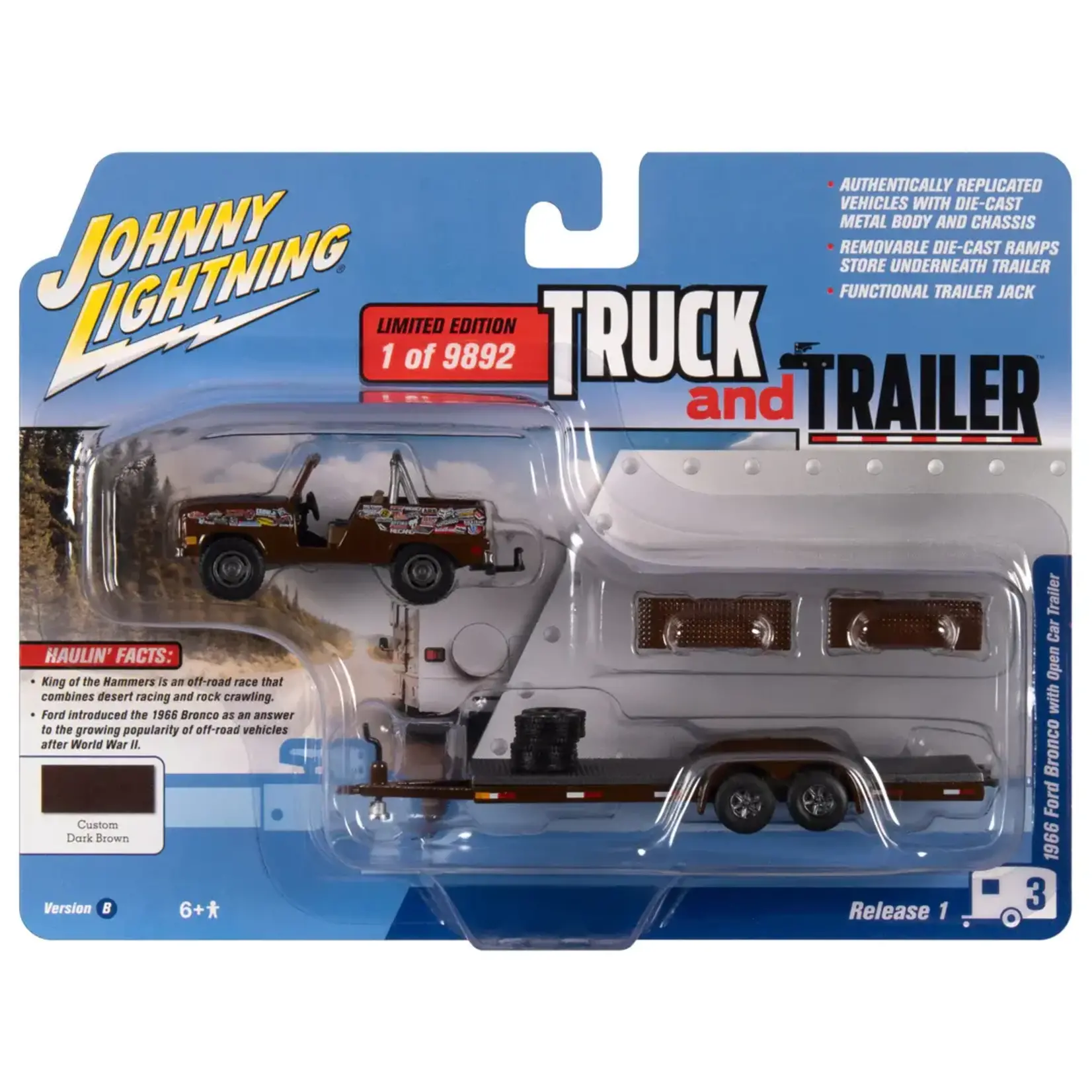 Johnny Lightning JLSP301B Johnny Lightning 1966 Ford Bronco w/Open Trailer & Tires  (King of the Hammers) Brown