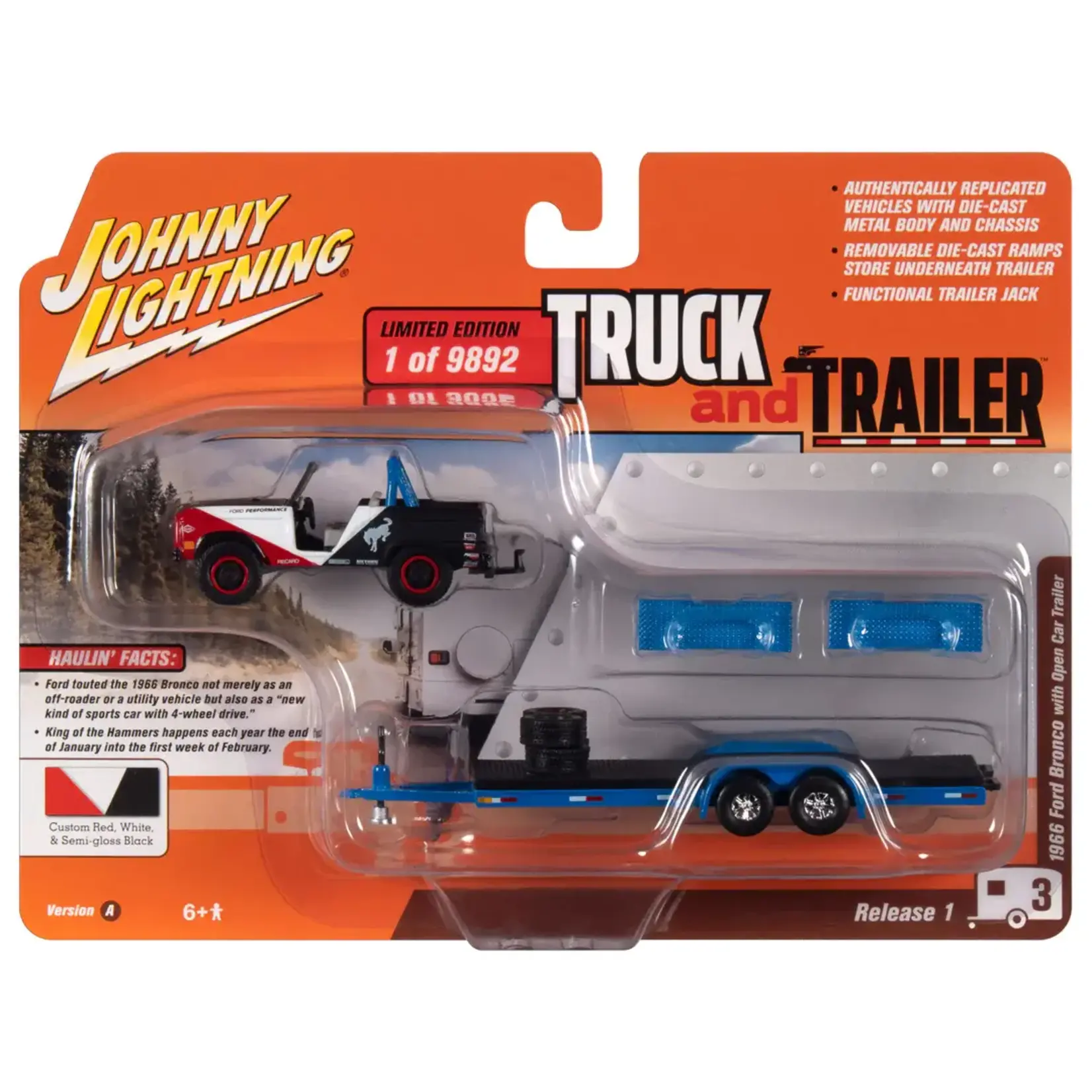 Johnny Lightning JLSP301A Johnny Lightning 1966 Ford Bronco w/Open Trailer & Tires  (King of the Hammers) White, Red & Black