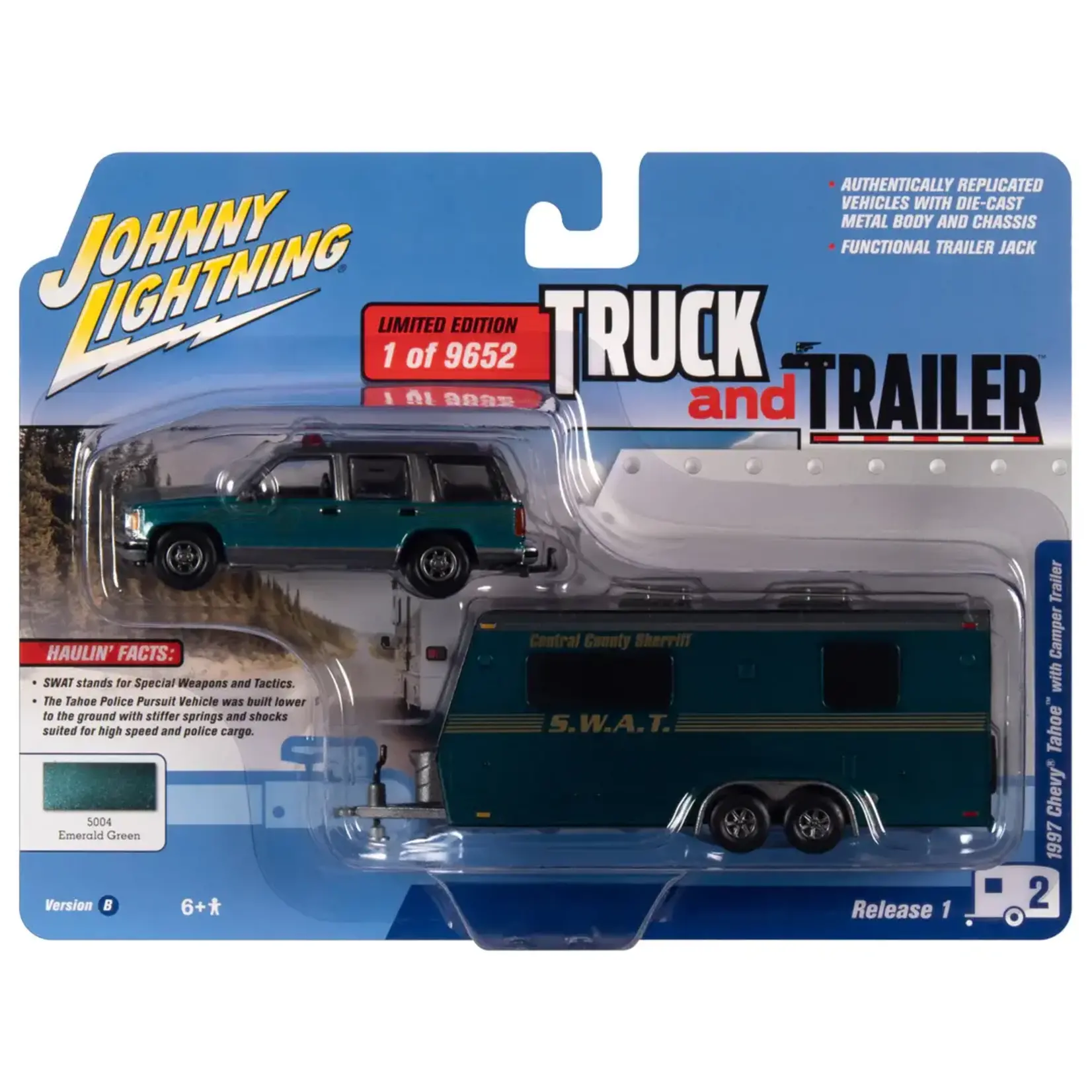 Johnny Lightning JLSP300B Johnny Lightning 1997 Chevy Tahoe w/Camper Trailer  (Sheriff Central County SWAT) Sherwood Green & Gold