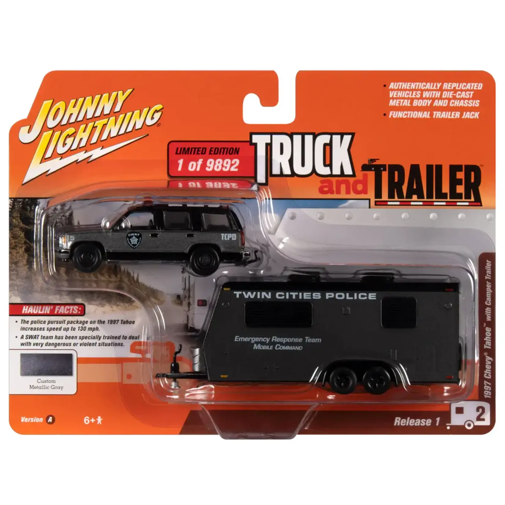 Johnny Lightning JLSP300A Johnny Lightning 1997 Chevy Tahoe w/Camper Trailer (Police SWAT) Galaxy Gray & Black