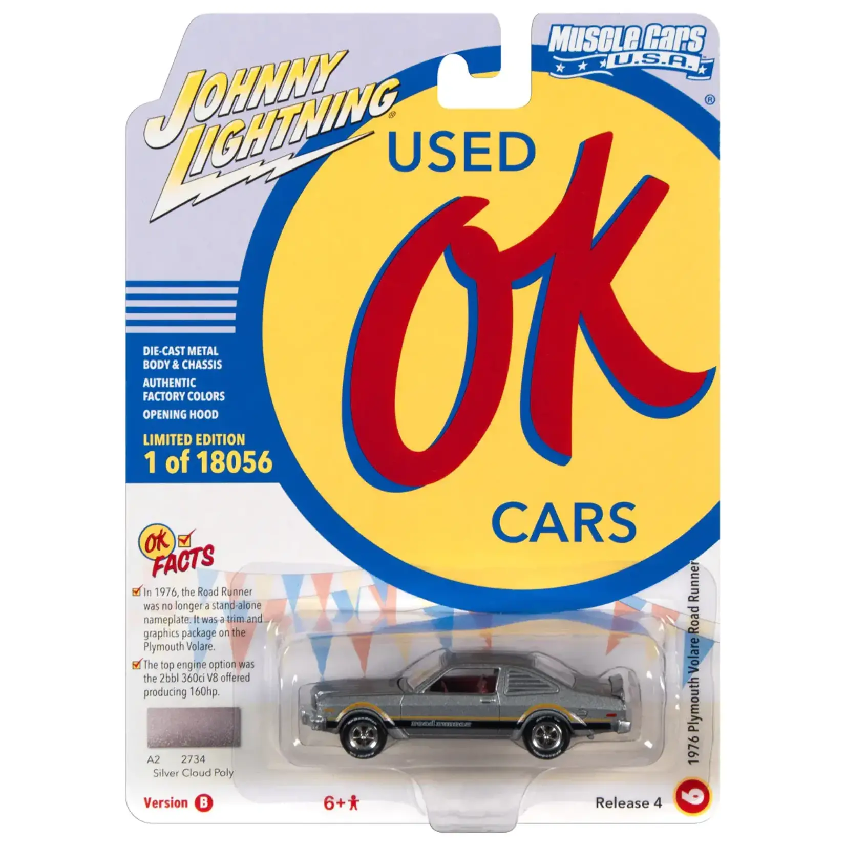 Johnny Lightning JLSP197B Johnny Lightning 1976 Plymouth Road Runner Silver Cloud Poly w/Black & Orange Side Stripes  & Road Runner Side Script