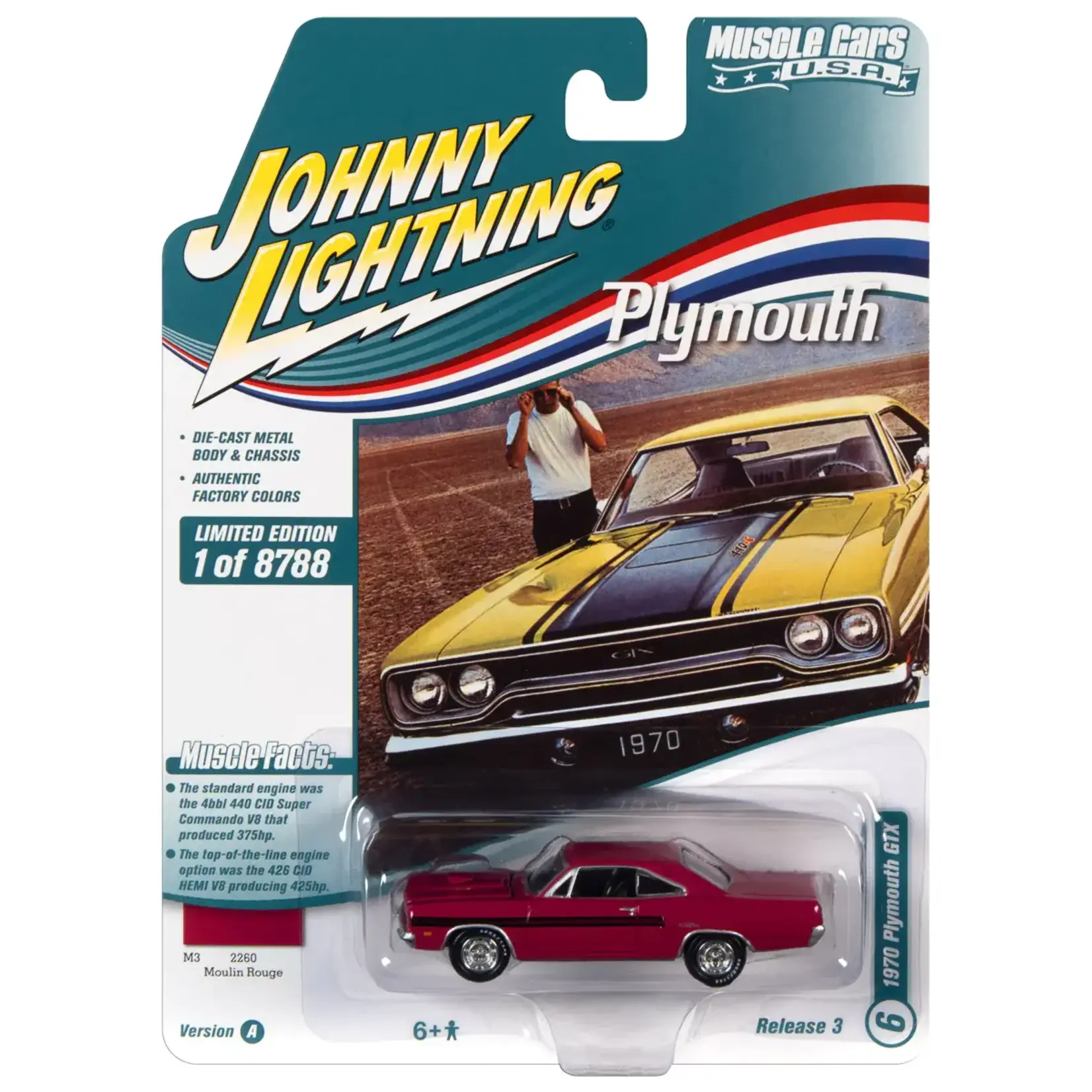 Johnny Lightning JLSP177A Johnny Lightning 1970 Plymouth GTX Moulin Rouge w/Black Dual Side Stripes