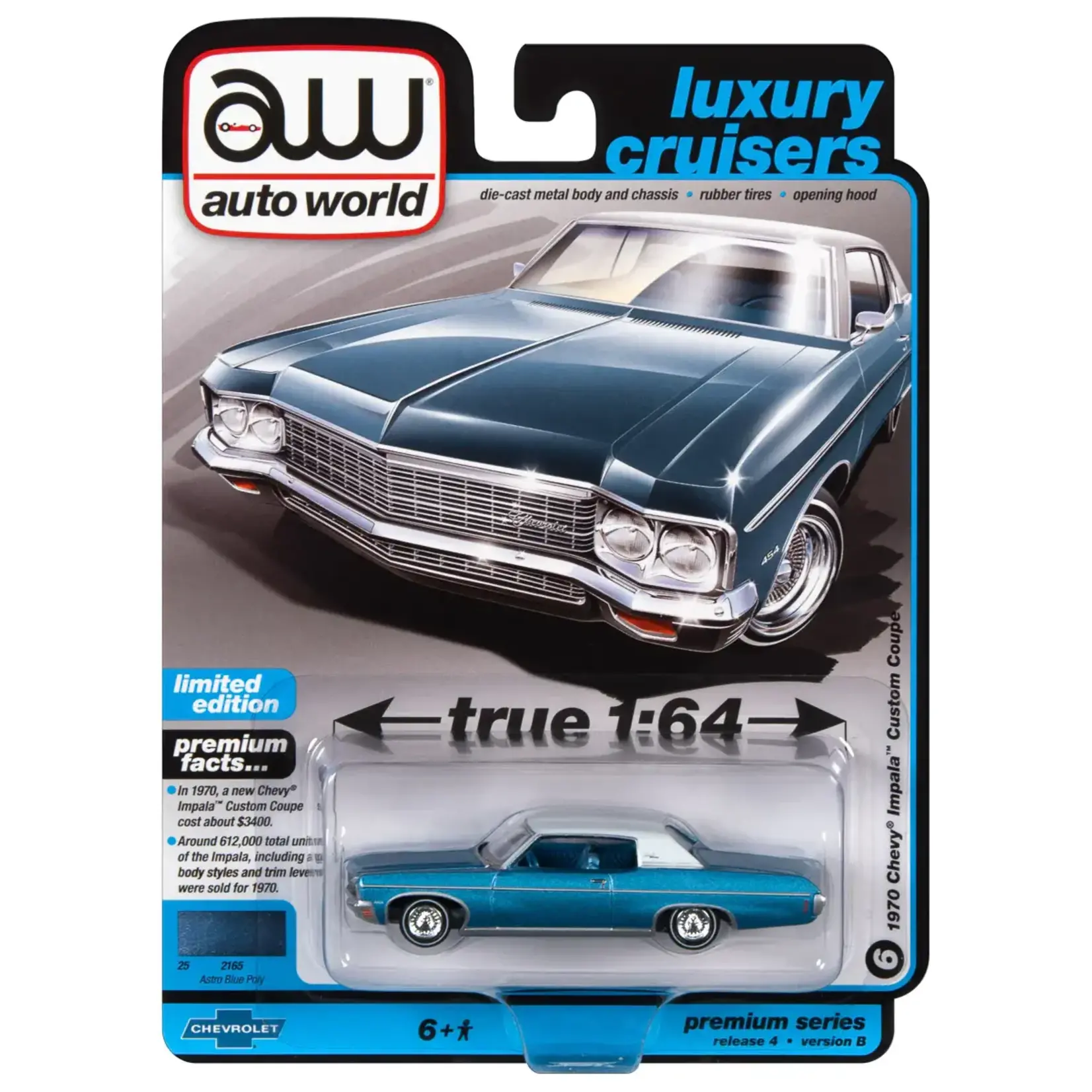 Auto World AWSP118B Auto World 1970 Chevrolet Impala Lowrider Astro Blue with Flat White Vinyl Roof
